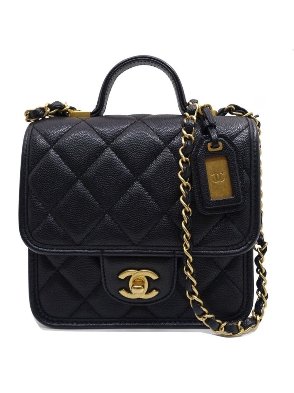 Chanel Top Handle Shoulder Bag 2-Way Caviar Leather Gold